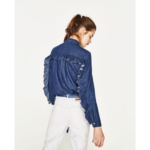 Zara Denim Frilled Sleeve Shirt - Picture 1 of 7
